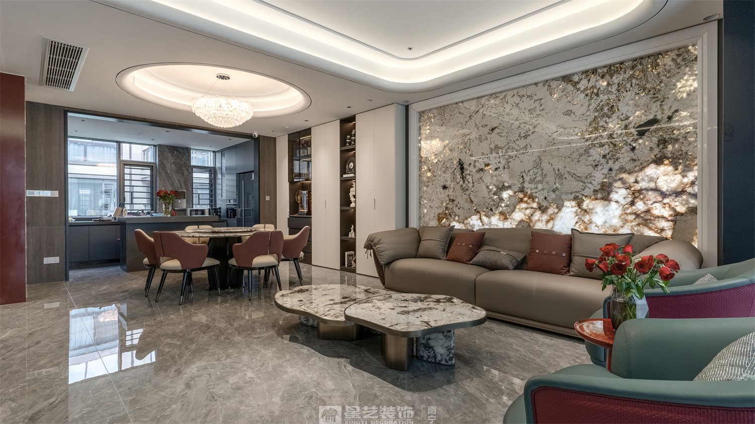 建发五象印月300平现代轻奢客厅装修效果图