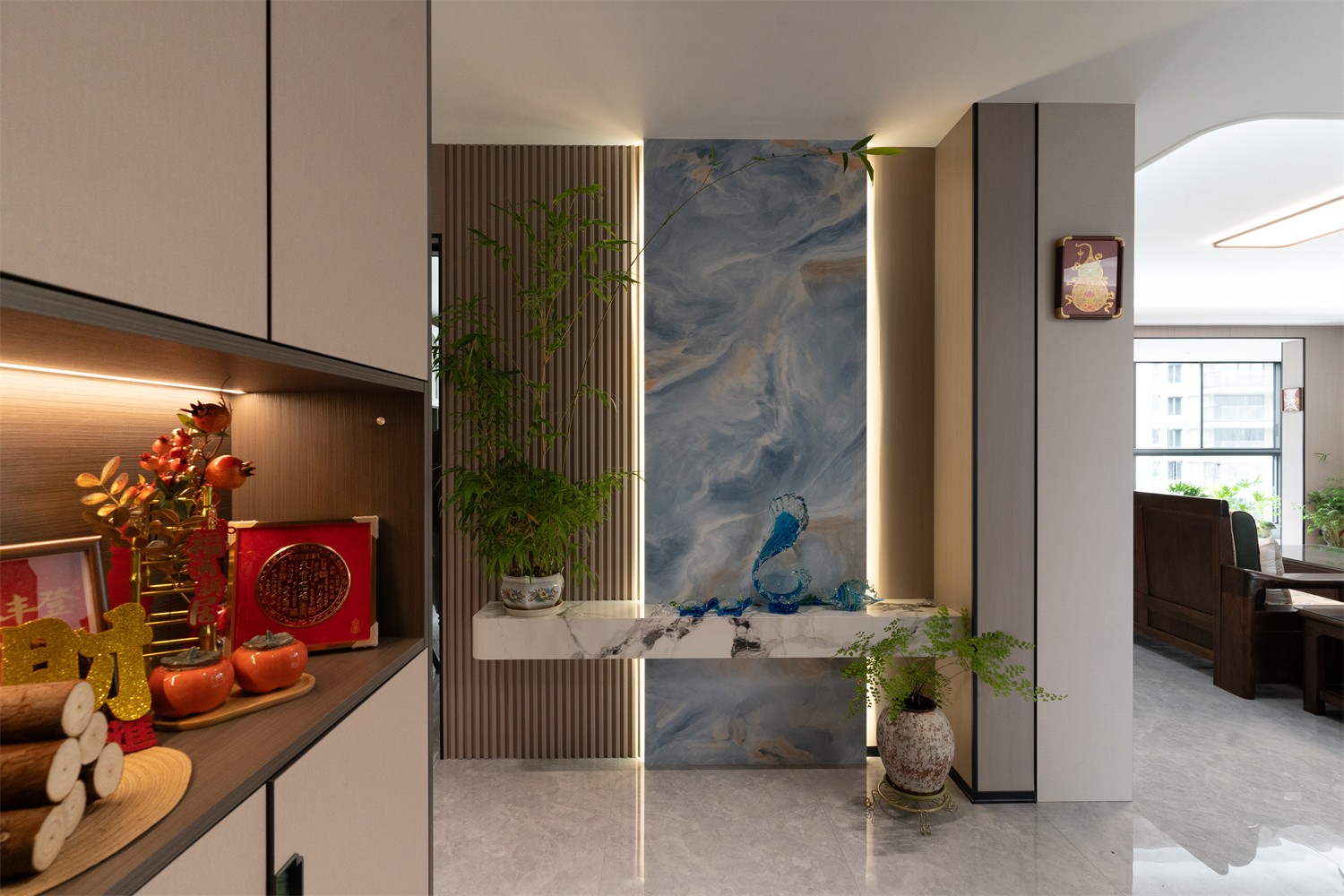 建发缦云210平新中式入户装修完工实景图